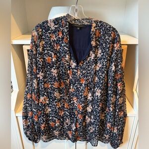 DownEast Navy Floral Tie Neck Blouse